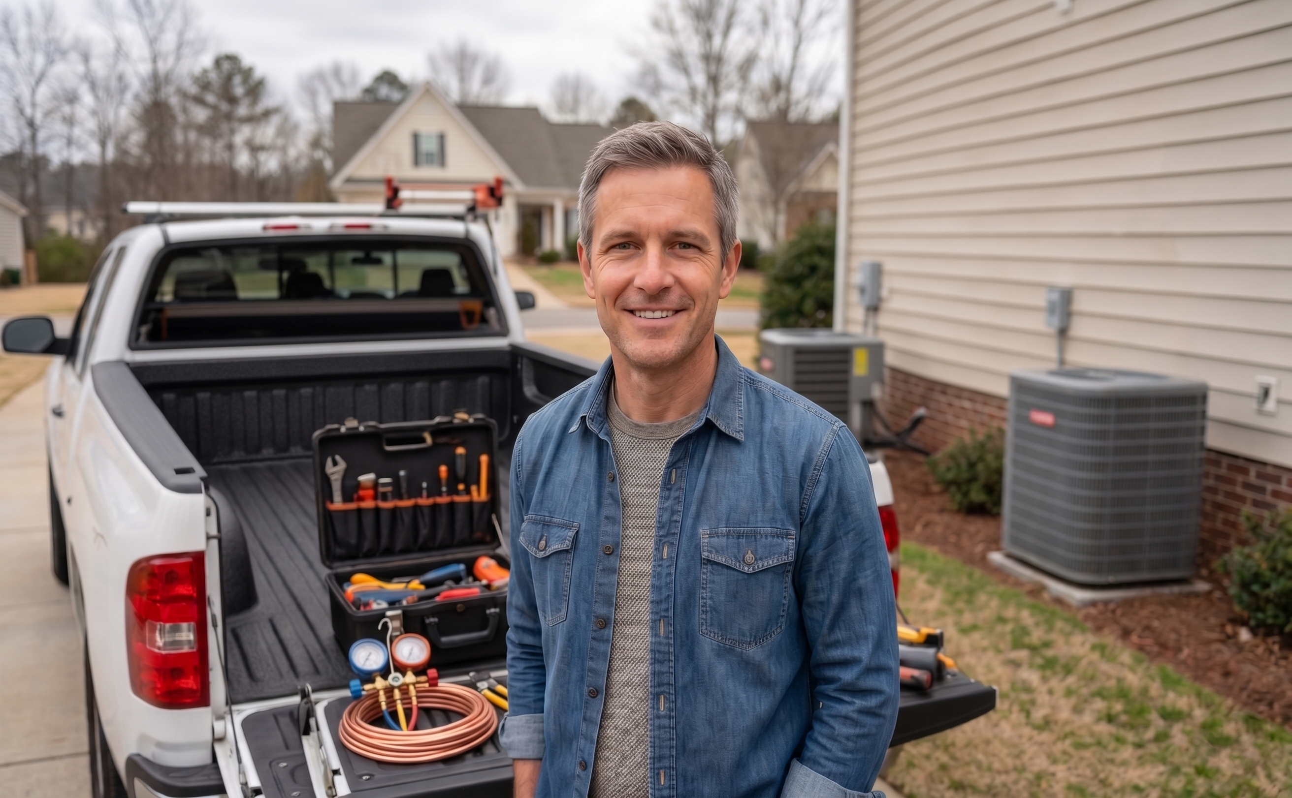 Alex Parker beside a service truck loaded with tools, in front of a residential HVAC condenser